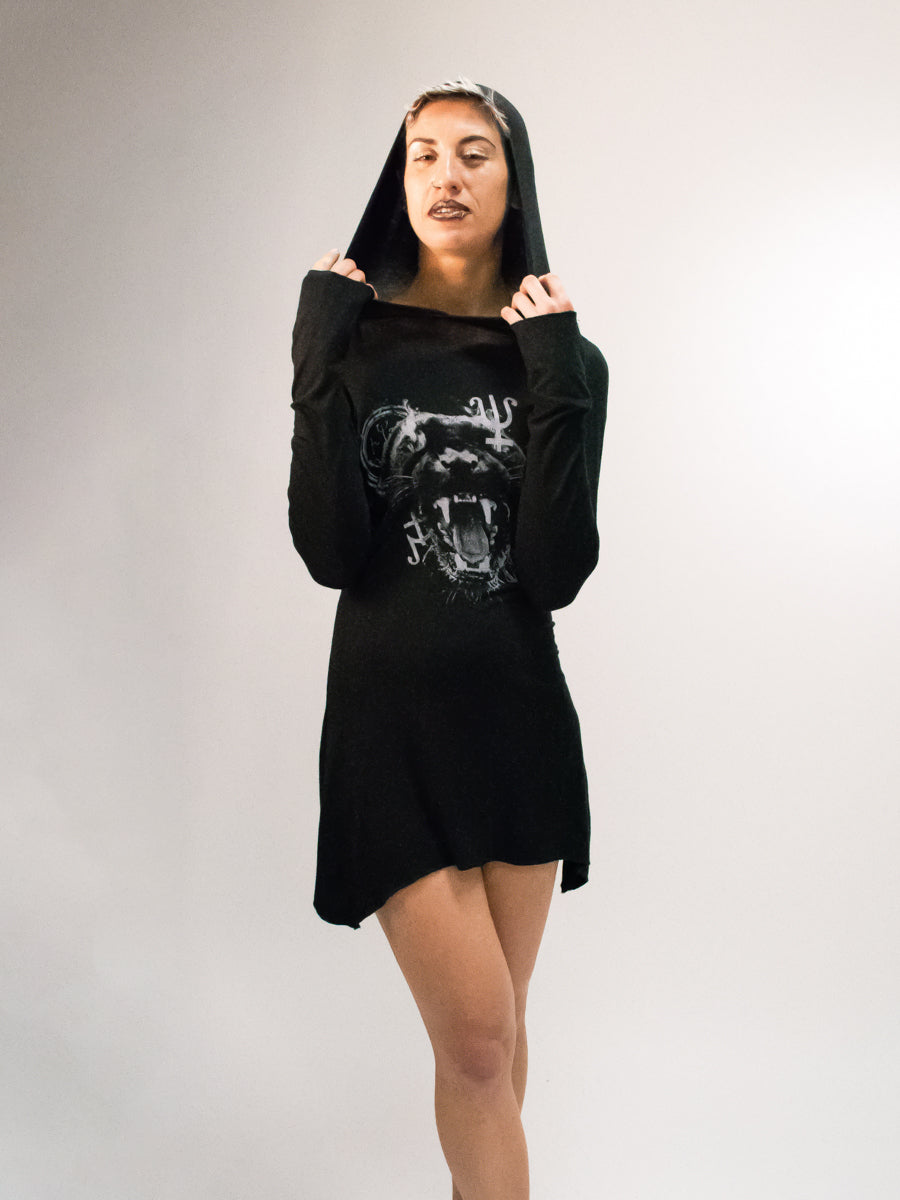 WOMEN BLACK HOODIE DRESS PANTHER